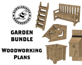 May include: A set of woodworking plans for a garden bundle, including a bench, a birdhouse, a planter, and two vertical garden planters. The plans are from Bumble Beaver Woodworking.