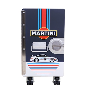 May include: A blue and white storage cabinet with a Martini racing logo and a white race car graphic. The cabinet has a silver handle and two silver wheels.