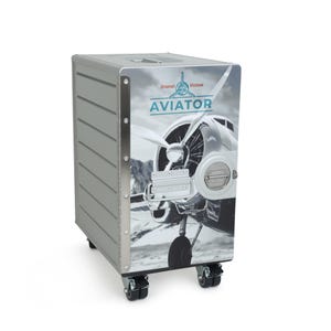 May include: A gray rolling storage bin with a vintage aviation theme. The front panel features a black and white image of a propeller plane and the word "AVIATOR" in teal. The bin has a handle on top and four black wheels.