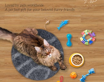 May include: A gray cat bed with a brown tabby cat lying on it. The cat bed is on a wood floor. There are several cat toys around the bed, including a fish-shaped toy, a rope toy, a heart-shaped toy, a ball, and a bowl of cat food.