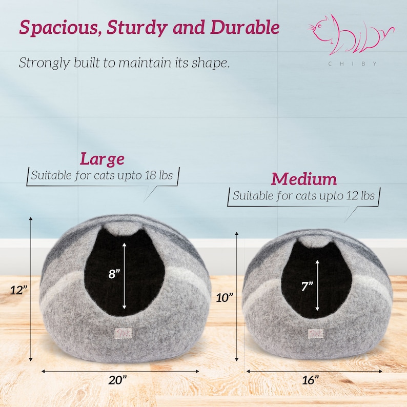 May include: Two gray and white cat beds, one large and one medium, with black felt lining. The large bed measures 20 inches wide and 12 inches tall, while the medium bed measures 16 inches wide and 10 inches tall. The beds are suitable for cats up to 18 pounds and 12 pounds, respectively.