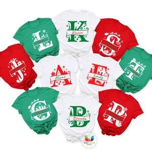 Custom Name Monogram Family Group Shirts, Winter Theme Family Alphabet Group Pajama Tee, Best Personalized All Family Christmas Reunion Gift