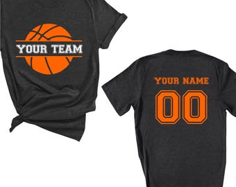 Custom Team Name and Your Name Number Double Sided Basketball Team Shirt, Personalized Basketball Logo T-Shirt, Toddler Youth Adult