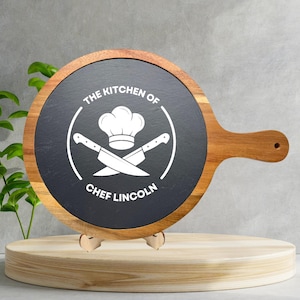 Round Slate and Acacia Wood Serving Board with Handle, Engraved Cheese Board, Hanging Kitchen Decor or Serving Tray