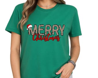 Ladies Merry Christmas Shirt Cute Holiday Tee Leopard Print Tree Top