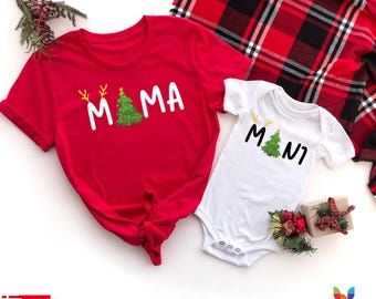 Mama Dada Nana Papa Mini Christmas Tree Matching Family Pajamas Shirts