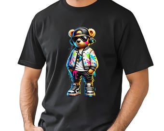 Comfort Colors Men Graphic T-Shirt, Unisex Neon Hip Hop Teddy Bear Tee