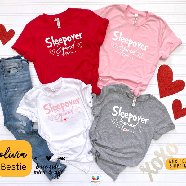 Personalizes Backside Name and Text Sleepover Squad Shirt,Sleepover Girls Birthday Party Shirt,Slumber Party Shirt,Sleepover Pajama Shirt