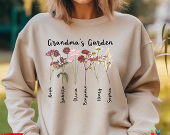 Omas Garten Sweatshirt, benutzerdefinierte Geburtsblume Pullover, Geschenk für Oma, Liebe wächst hier, Mamas Garten