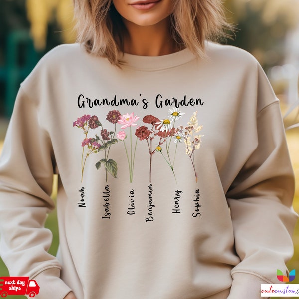 Sweat-shirt jardin de grand-mère, pull fleurs de naissance personnalisé, cadeau pour grand-mère, l'amour pousse ici, jardin de maman