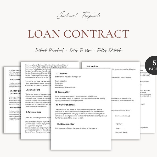 Loan agreement | loan contract | contract template | service contract | editable agreement | rental contract | equipment loan | canva