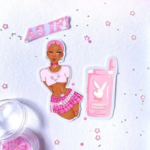 Könnte beinhalten: Eine Sammlung von rosa Aufklebern und Verzierungen. Die Aufkleber zeigen eine Cartoon-Frau, ein Klapphandy mit Hasenlogo und den Schriftzug "AS IF!". Rosa sternförmiges Konfetti und Glitzer sind um die Artikel herum verstreut.