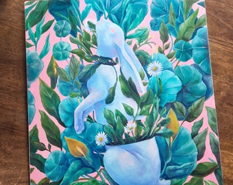 Peinture à l'huile originale huile unique lapin et plantes