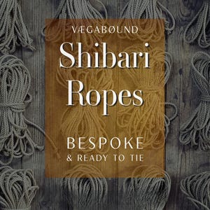 a collection of shibari ropes, with a prominent text box in the center that reads "Shibari Ropes Bespoke & Ready to Tie".