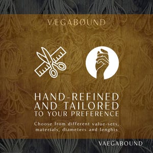 The image is a promotional graphic for VeGAbound, a company that specializes in hand-refined and tailored products. The graphic features a pair of scissors and a hand, symbolizing the company's focus on precision and attention to detail. The text on the image emphasizes the company's commitment to providing hand-refined and tailored products to customers, encouraging them to choose from a variety of value-sets, materials, dimensions, and lengths.
