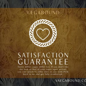 The image is a promotional graphic for VeGAbound, a company that offers satisfaction guarantee for their ropes. The graphic features a heart symbol surrounded by a rope design, and the text provides information about the guarantee, stating that the ropes differ in taste, texture, and feel, and that customers can switch to other ropes or send them back to VeGAbound for a full refund.