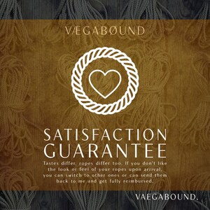 The image is a promotional graphic for VeGAbound, a company that offers a satisfaction guarantee for their ropes. The graphic features a heart symbol surrounded by a rope design, and includes text that describes the guarantee in a clear and concise manner.