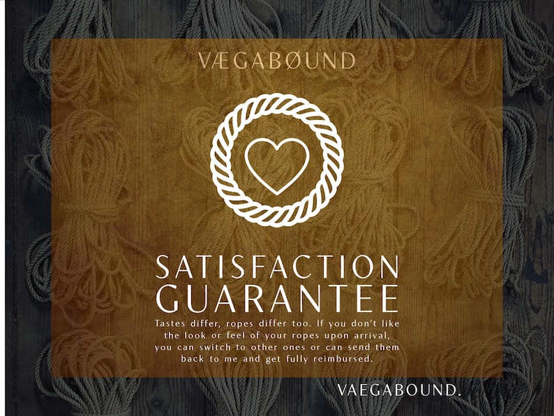 The image is a promotional graphic for VeGAbound, a company that offers a satisfaction guarantee for their ropes. The graphic features a heart symbol surrounded by a rope design, and includes text that describes the guarantee in a clear and concise manner.
