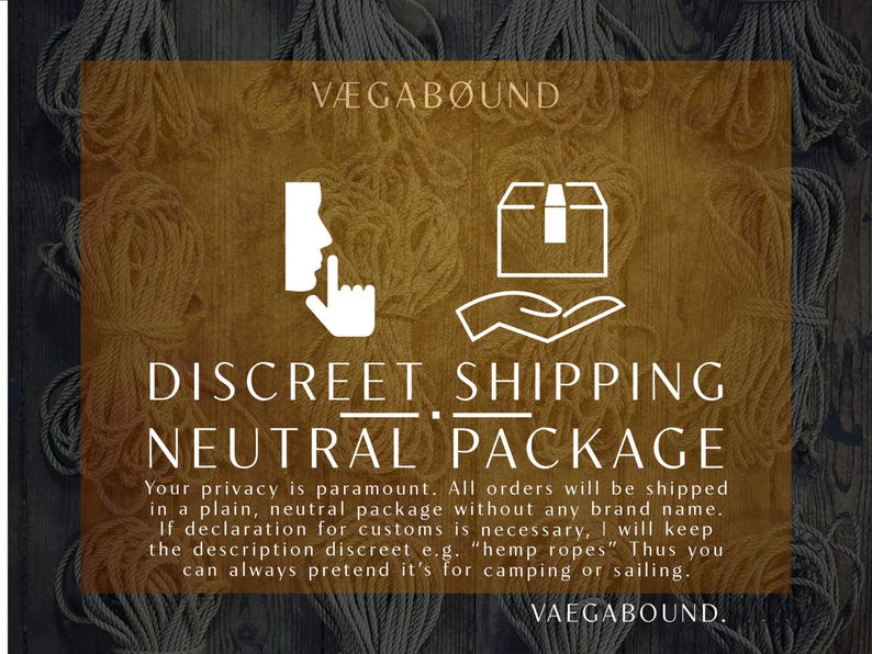The image is a VEGABOUND advertisement for a discreet shipping neutral package. It features a white silhouette of a hand pointing to a box, along with text that states that the privacy of the customer is paramount and that all orders will be shipped in a plain, neutral package without any brand name. The text also mentions that if the description is discreet, the customer can always pretend it's for camping or sailing.