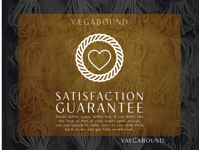 The image is a promotional graphic for VeGAbound, a company that offers a satisfaction guarantee for their ropes. The graphic features a heart symbol surrounded by a rope design, and includes text that describes the guarantee in a clear and concise manner.