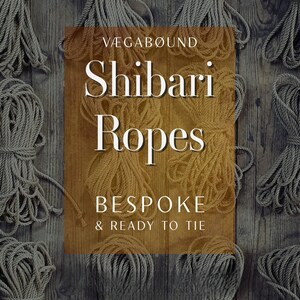 a collection of shibari ropes, with a prominent text box in the center that reads "Shibari Ropes Bespoke & Ready to Tie".