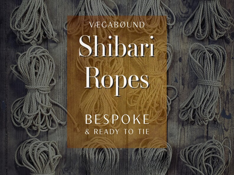a collection of shibari ropes, with a prominent text box in the center that reads "Shibari Ropes Bespoke & Ready to Tie".