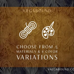 The image is a promotional graphic for a product called "VEGABOUND", which offers a variety of materials and colors. The background of the image is a wooden texture, and there are several spools of thread or yarn arranged in a grid-like pattern. The text on the image reads "VEGABOUND" and "CHOOSE FROM 5 MATERIALS & 8 COLOR VARIATIONS", indicating that the product offers a range of options for customers to choose from.