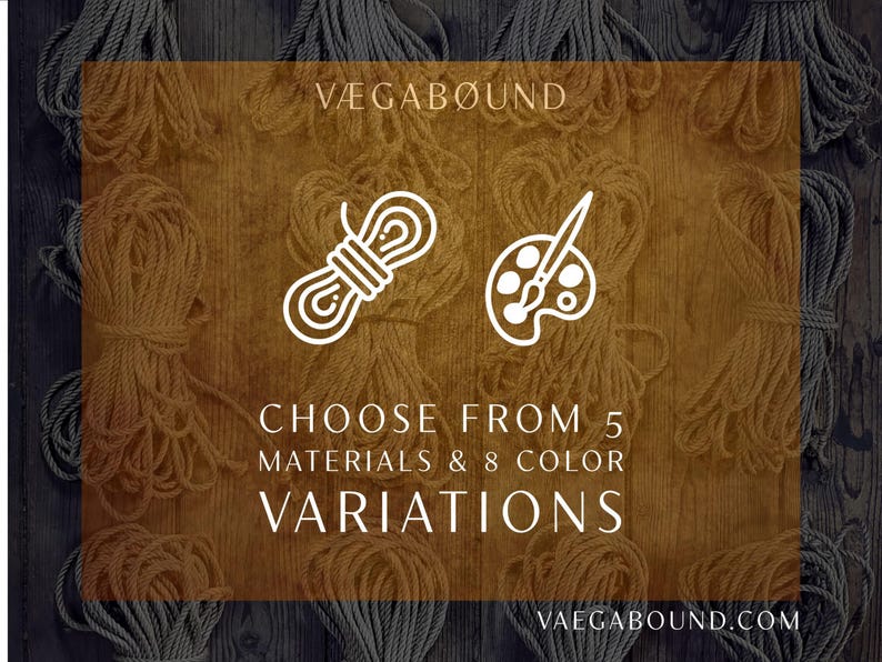 The image is a promotional graphic for a product called "VEGABOUND", which offers a variety of materials and colors. The background of the image is a wooden texture, and there are several spools of thread or yarn arranged in a grid-like pattern. The text on the image reads "VEGABOUND" and "CHOOSE FROM 5 MATERIALS & 8 COLOR VARIATIONS", indicating that the product offers a range of options for customers to choose from.