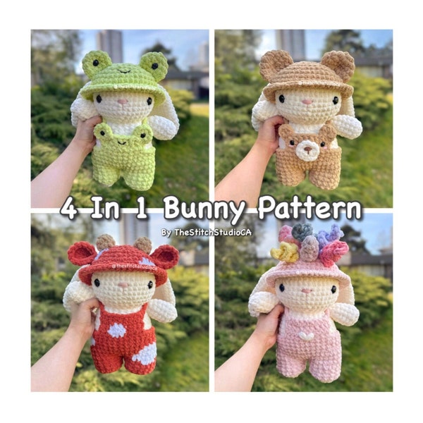 PATTERN - 4 in 1 Bunny Plushie In Animal Outfits Crochet Pattern | Bear, Frog, Cow and Unicorn Costume