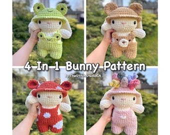 PATTERN - 4 in 1 Bunny Plushie In Animal Outfits Crochet Pattern | Bear, Frog, Cow and Unicorn Costume