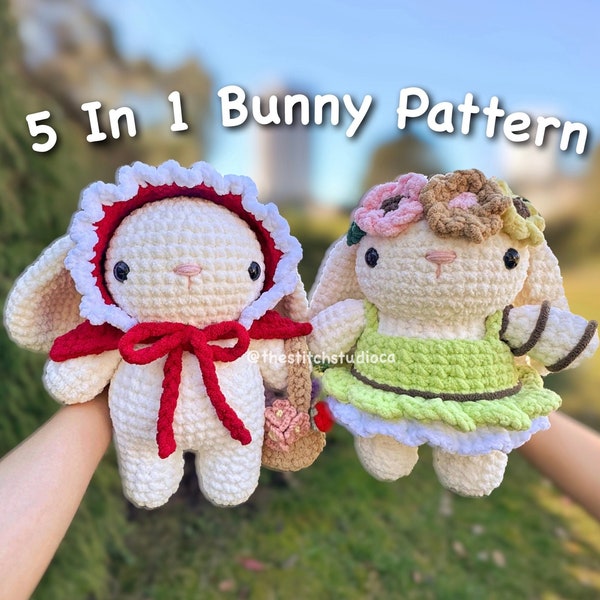 PATTERN - 5 in 1 Bunny Plushie & Accessories Crochet Pattern SET 3 | Cape, Basket with Flowers, Fairy Dress, Fairy Crown/Wings