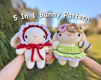 PATTERN - 5 in 1 Bunny Plushie & Accessories Crochet Pattern SET 3 | Cape, Basket with Flowers, Fairy Dress, Fairy Crown/Wings