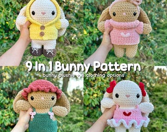 9 in 1 Bunny Plushie, Clothes & Accessories Crochet Pattern | Hat, Bow, Headband, Boots, Dress, Overalls, Sweater and Coat