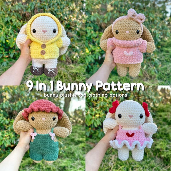 9 in 1 Bunny Plushie, Clothes & Accessories Crochet Pattern | Hat, Bow, Headband, Boots, Dress, Overalls, Sweater and Coat
