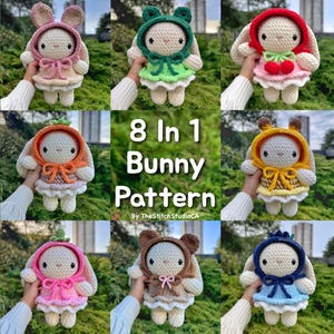 8 in 1 Bunny Plushie In Dress & Cape Crochet Pattern Bundle | Bumblebee, Frog, Bear, Strawberry, Carrot Cake, Cherry, Blueberry Outfits