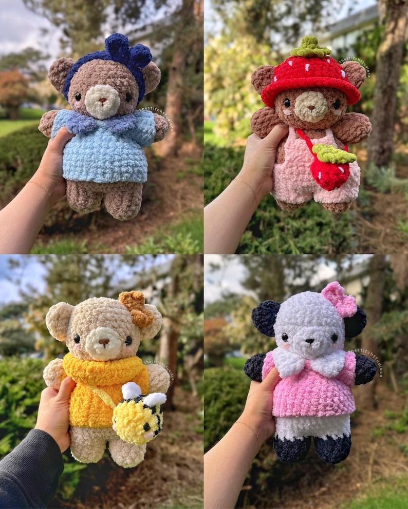 May include: Four crocheted plush toys, each with a different outfit and accessories. The first is a brown bear wearing a blue dress and a blue bow. The second is a brown bear wearing a pink dress and a red strawberry hat. The third is a brown bear wearing a yellow sweater and a bee. The fourth is a black and white panda wearing a pink sweater and a pink bow.