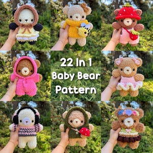 Puede incluir: Una colección de nueve osos de peluche tejidos a ganchillo con varios atuendos, incluyendo una capucha de panda, un suéter amarillo con una abeja, un sombrero de fresa, un mono rosa, un tutú, auriculares, una capucha de seta y una corona de flores, con el texto 22 In 1 Baby Bear Pattern.