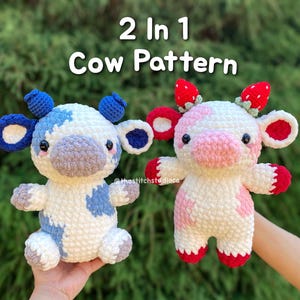 2 in 1 Kuh Plushie Häkelanleitung | Erdbeer-Kuh und Blaubeer-Kuh | Milchkuh | Sitzen und Stehen | Amigurumi Obst Kühe