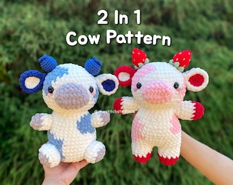 2 in 1 Kuh Plushie Häkelanleitung | Erdbeer-Kuh und Blaubeer-Kuh | Milchkuh | Sitzen und Stehen | Amigurumi Obst Kühe