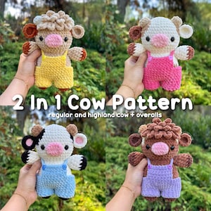 Patrón de ganchillo para peluche de vaca 2 en 1 / Vaca común y vaca de las Tierras Altas con overol