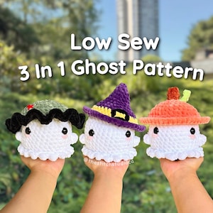May include: Three crocheted ghost amigurumi patterns. The ghosts are white with different colored hats. One ghost has a green and black witch hat, one has a purple witch hat with a yellow band, and one has an orange pumpkin hat.