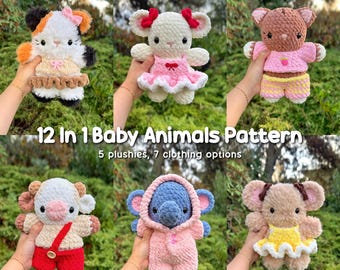 May include: A collection of six crocheted baby animal plushies in various colors and outfits. The image includes a cat, lamb, bear, cow, elephant, and another lamb. Text on the image reads "12 In 1 Baby Animals Pattern" and "5 plushies, 7 clothing options."