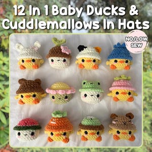 No/Low Sew 12 in 1 Baby Ducks And Cuddlemallows In Hats Crochet Plushie Pattern | Bunny, Frog, Capybara, Fruit Hats | Market Makes