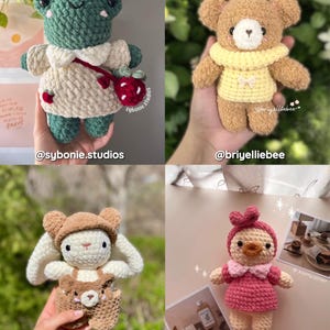 May include: Four crocheted stuffed animals: a green frog wearing a cream dress, a brown bear wearing a yellow shirt, a white bunny wearing a brown overall, and a pink duck wearing a red dress.