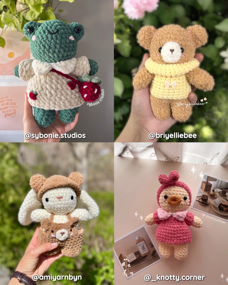 May include: Four crocheted stuffed animals: a green frog wearing a cream dress, a brown bear wearing a yellow shirt, a white bunny wearing a brown overall, and a pink duck wearing a red dress.