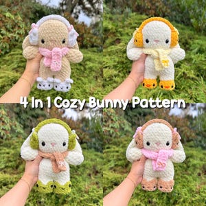 May include: Four crocheted bunny patterns are displayed, each with unique earmuffs and scarves. The bunnies are white, beige, and green, with details in pink, yellow, and brown. The text "4 In 1 Cozy Bunny Pattern" is visible.