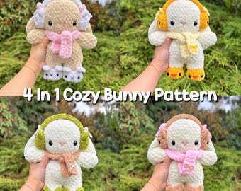 May include: Four crocheted bunny patterns are displayed, each with unique earmuffs and scarves. The bunnies are white, beige, and green, with details in pink, yellow, and brown. The text "4 In 1 Cozy Bunny Pattern" is visible.