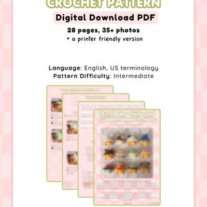Pu&ograve; includere: Un modello di uncinetto PDF digitale con la scritta "CROCHET PATTERN" in verde. Il modello include 28 pagine, pi&ugrave; di 35 foto e una versione adatta alla stampa. La difficolt&agrave; del modello &egrave; intermedia. L'immagine mostra diverse pagine del modello con progetti di uncinetto colorati.
