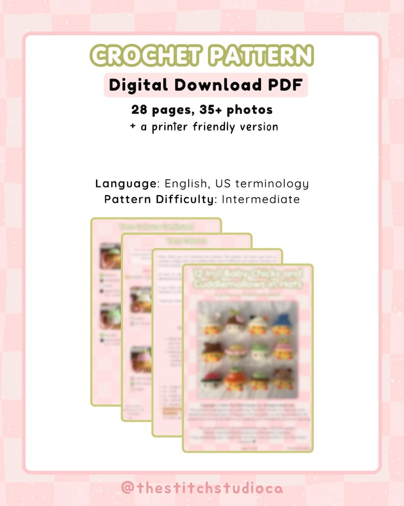 Pu&ograve; includere: Un modello di uncinetto PDF digitale con la scritta "CROCHET PATTERN" in verde. Il modello include 28 pagine, pi&ugrave; di 35 foto e una versione adatta alla stampa. La difficolt&agrave; del modello &egrave; intermedia. L'immagine mostra diverse pagine del modello con progetti di uncinetto colorati.