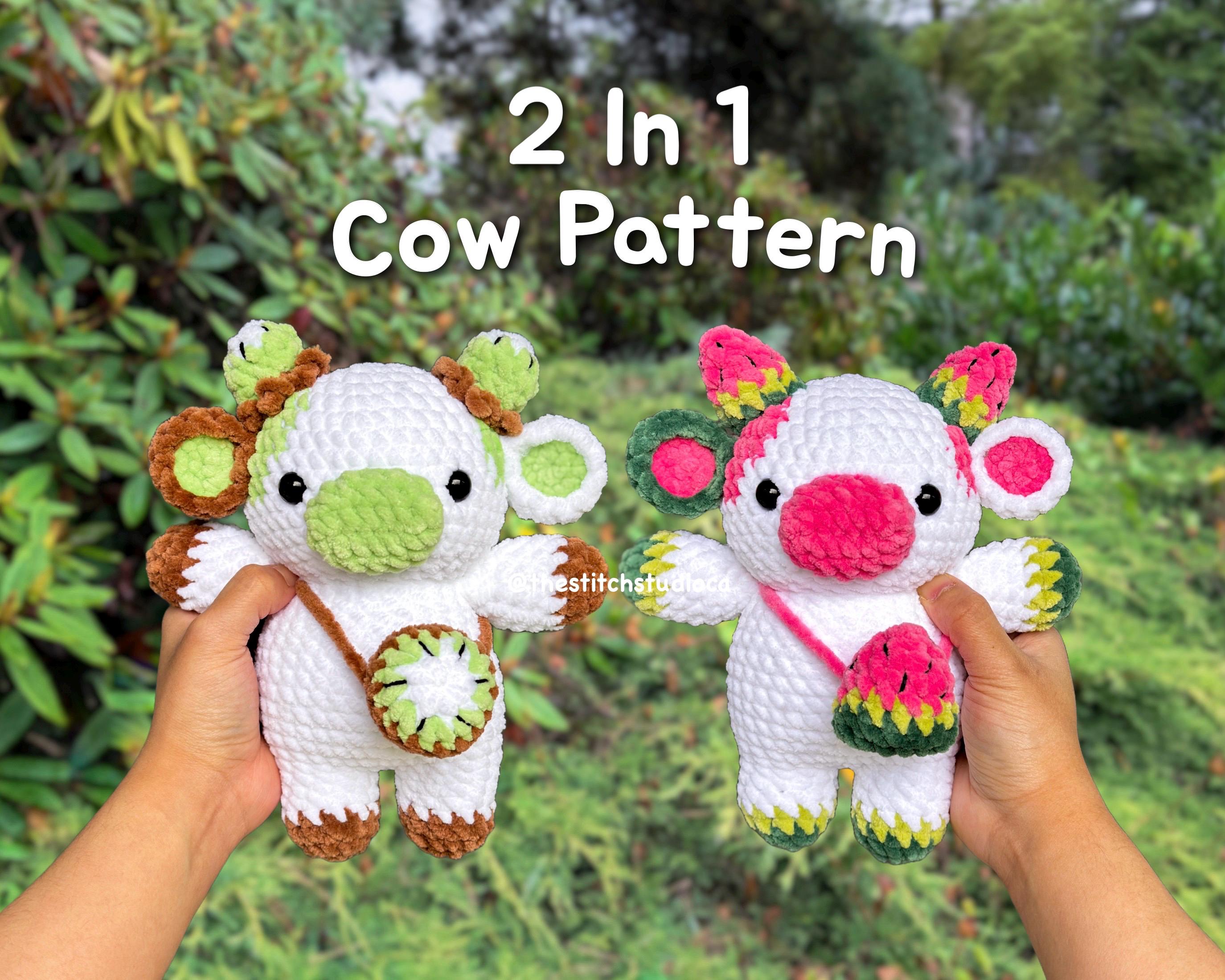 23 Adorable Cow Plush Crochet Patterns for Farmhouse Decor, Gifts, and Cozy Displays 15 2 in 1 Cow Plushie Crochet Pattern Watermelon Cow